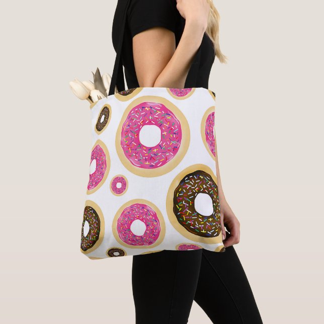 Tote Bag Donuts saupoudrés rose et marron, amusement modern (De près)