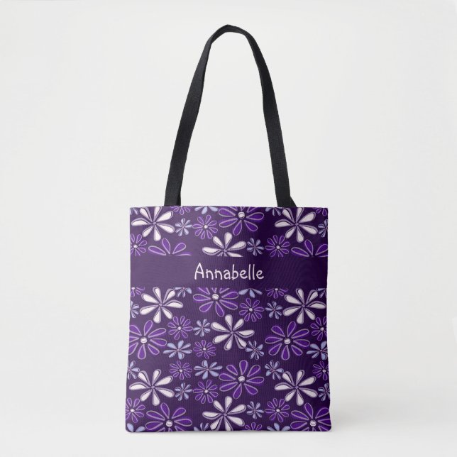 Tote Bag Doodle à fleurs violet foncé Votre nom (Devant)
