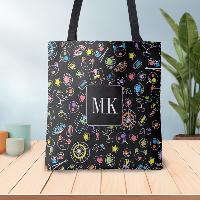 Tote Bag Doodles japonais Kawaii sur initiales de monogramm (Créateur téléchargé)