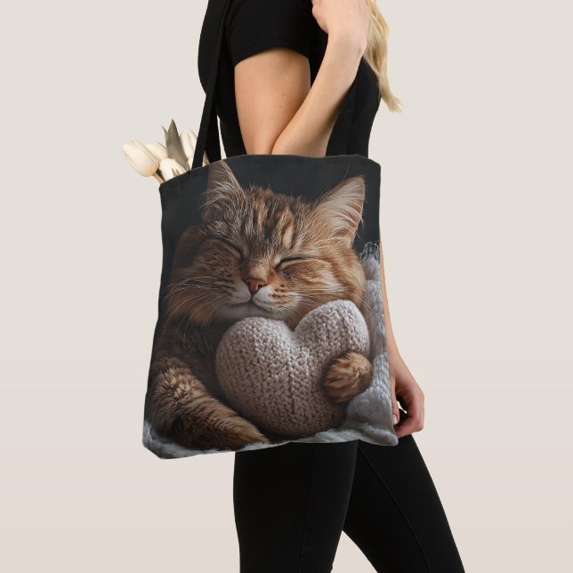 TOTE BAG DORMIR TABBY BROWN CHAT AVEC COUSSIN EN FORME DE C (De près)