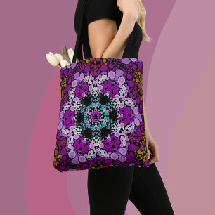 Tote Bag Dot Mandala Flower bleu rose et jaune