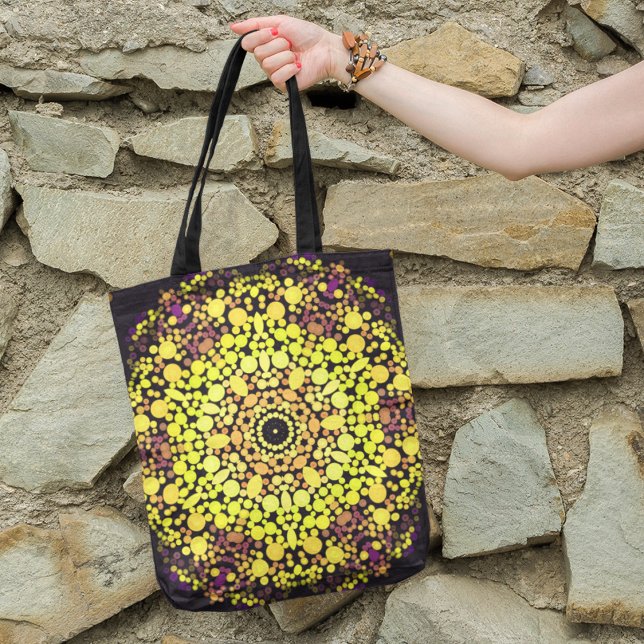 Tote Bag Dot Mandala Flower Jaune violet et noir (Créateur téléchargé)