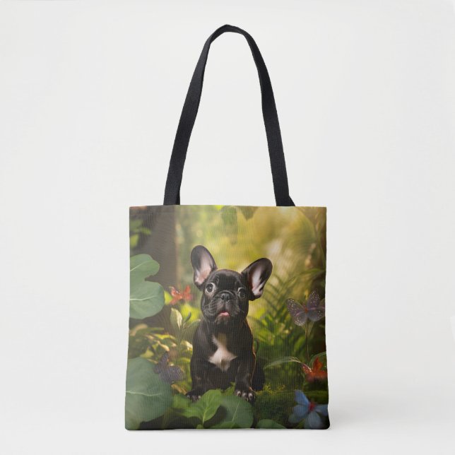 Tote Bag 🐶💗Douce chiot Frenchie dans une jungle (Devant)