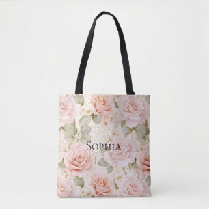 Tote Bag Douce Mariée Fleurs Roses Blush Crème