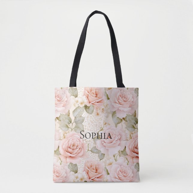 Tote Bag Douce Mariée Fleurs Roses Blush Crème (Devant)