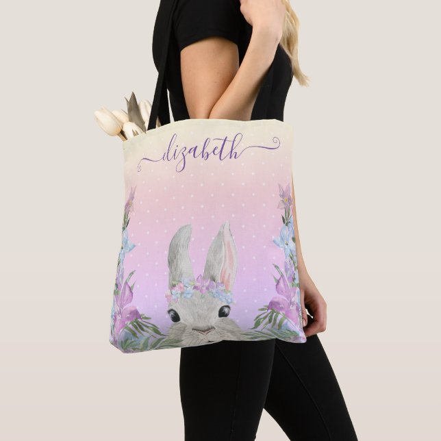 Tote Bag Doux Aquarelle Lapin Caché dans les jardins - 2 cô (De près)