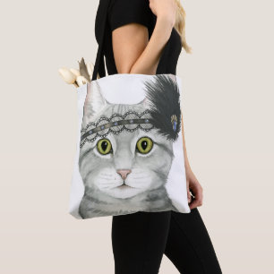 Tote Bag Downton Cat   Bejewted With Lace