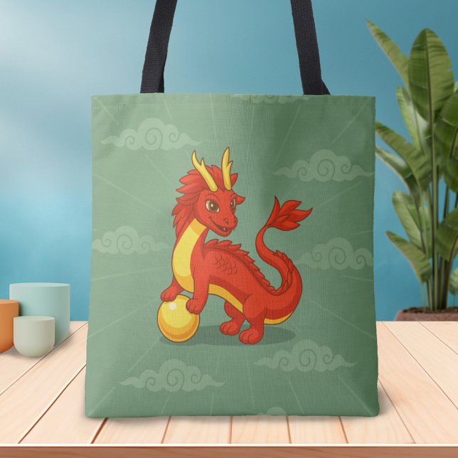 Tote Bag Dragon Chinois Rouge sur Fond Vert (Créateur téléchargé)