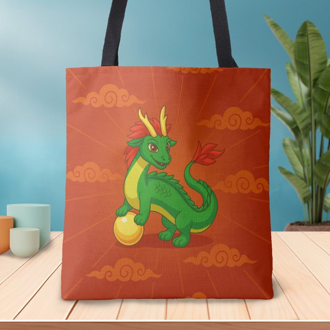 Tote Bag Dragon Chinois Vert sur Fond Rouge (Créateur téléchargé)