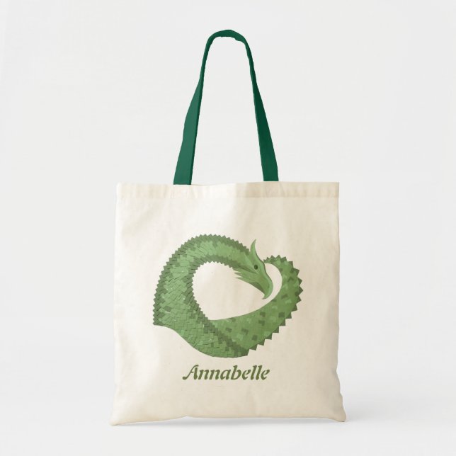 Tote Bag Dragon de coeur vert olive blanc (Devant)