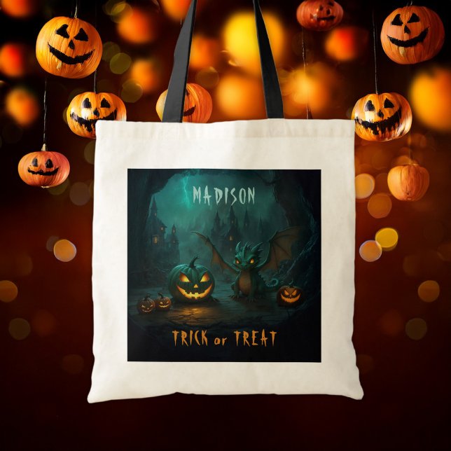 Tote Bag Dragon d'Halloween avec Citrouilles effrayants Nom (Créateur téléchargé)