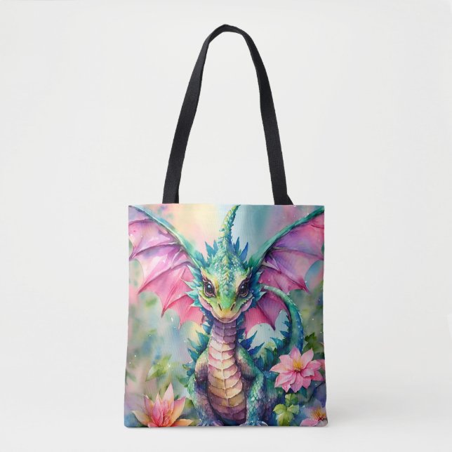 Tote Bag Dragon Floral rose et vert aquarelle (Devant)