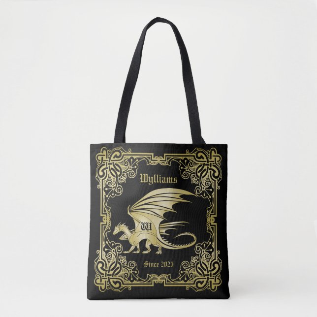 Tote Bag Dragon Monogramme Gold Frame Couverture De Livre T (Devant)
