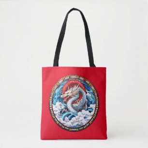 Tote Bag Dragon mythique asiatique en rouge et bleu
