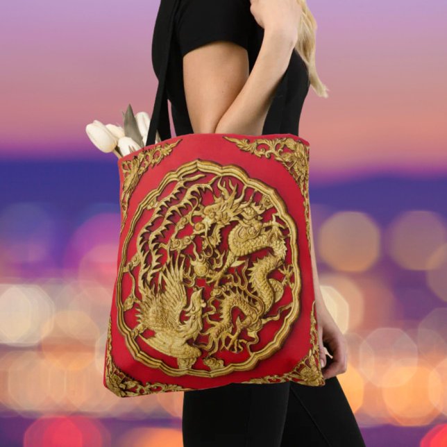 Tote Bag Dragon Phoenix Red Gold Mariage chinois (Dragon Phoenix Red Gold Chinese Wedding Tote Bag)