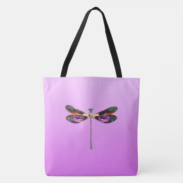 Tote Bag Dragonfly - argent, or, violet et noir (Devant)