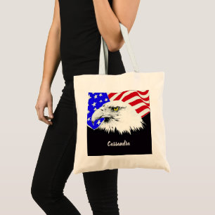 Tote Bag Drapeau américain Bald Eagle Nom ou devis personna