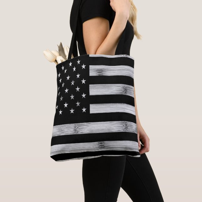 Tote Bag Drapeau américain Bois rustique Noir Blanc Patriot (De près)