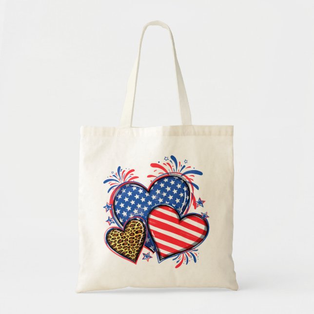 Tote Bag Drapeau Américain Cœur Léopard Sublimation-64210 (Devant)