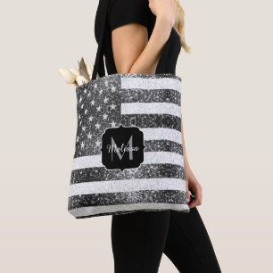 Tote Bag Drapeau américain noir blanc étincelles Monogram