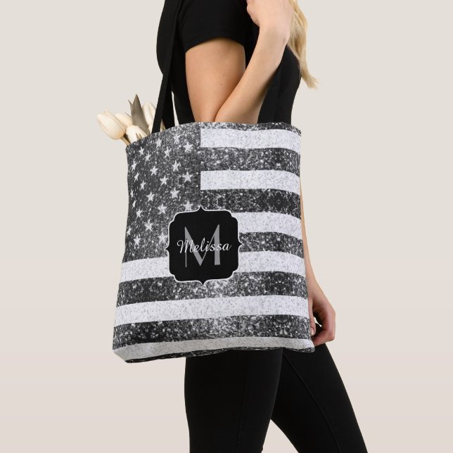 Tote Bag Drapeau américain noir blanc étincelles Monogram (De près)