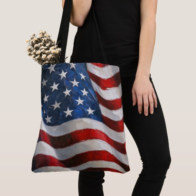 Tote Bag Drapeau américain peint à l'impasto (De près)