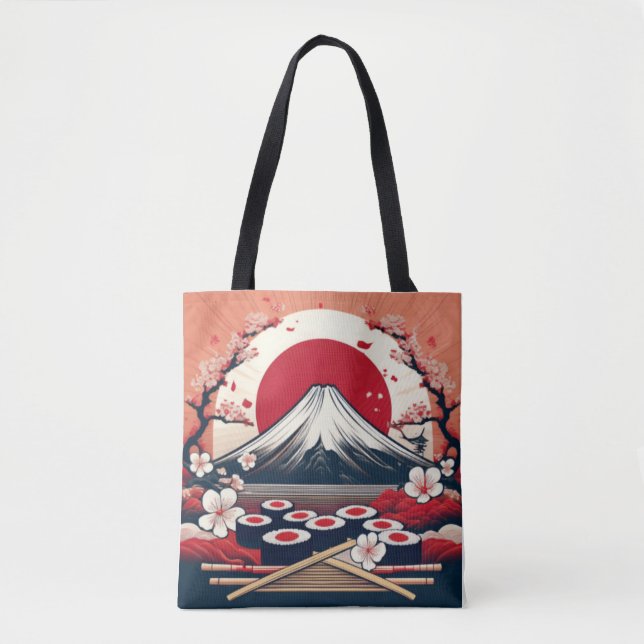 Tote Bag Drapeau du Japon avec Sushi et Mont Fuji (Devant)