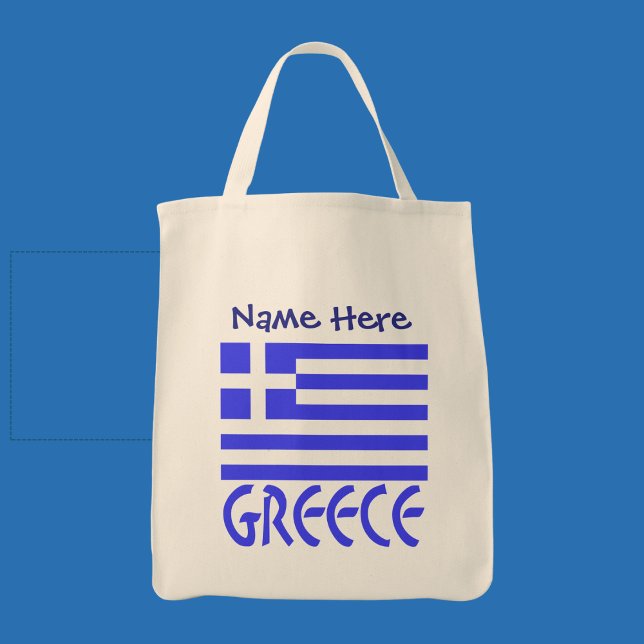 Tote Bag Drapeau grec Grèce Personnalisation Bleue  (Personalized tote bag with Greek flag and the word GREECE below in blue letters. Add a name above.)