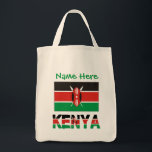 Tote Bag Drapeau kenyan et kenyan avec votre nom<br><div class="desc">Le drapeau kenyan avec le mot KENYA ci-dessous dans les couleurs du drapeau. Le design est carrelé, pour une meilleure esthétique. Utilisez l'espace prévu dans les carrés blancs et brillants pour ajouter votre nom pour une touche personnalisée. Customisez le cadeau en ajoutant le nom de quelqu'un d'autre à la place....</div>