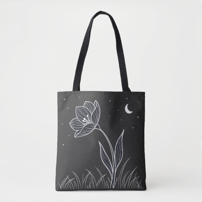 Tote Bag Dreamlit Moonlit Flower Line Art avec étoiles (Devant)