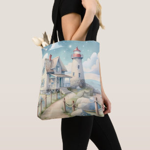 Tote Bag Dreamy Pastel Lighthouse by the Sea