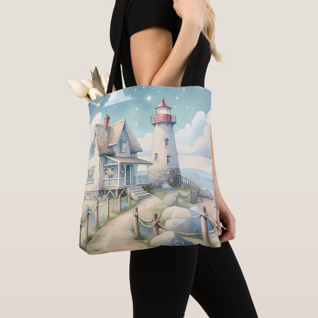Tote Bag Dreamy Pastel Lighthouse by the Sea (De près)