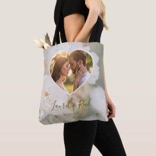 Tote Bag Dreamy White Rose Personnalisé Noms de Mariage pho