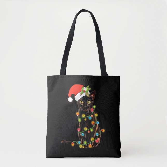 Tote Bag Drôle cadeau de chat noir Poussant arbre de Noël (Devant)