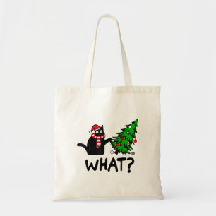 Tote Bag Drôle cadeau de chat noir Poussant l'arbre de Noël