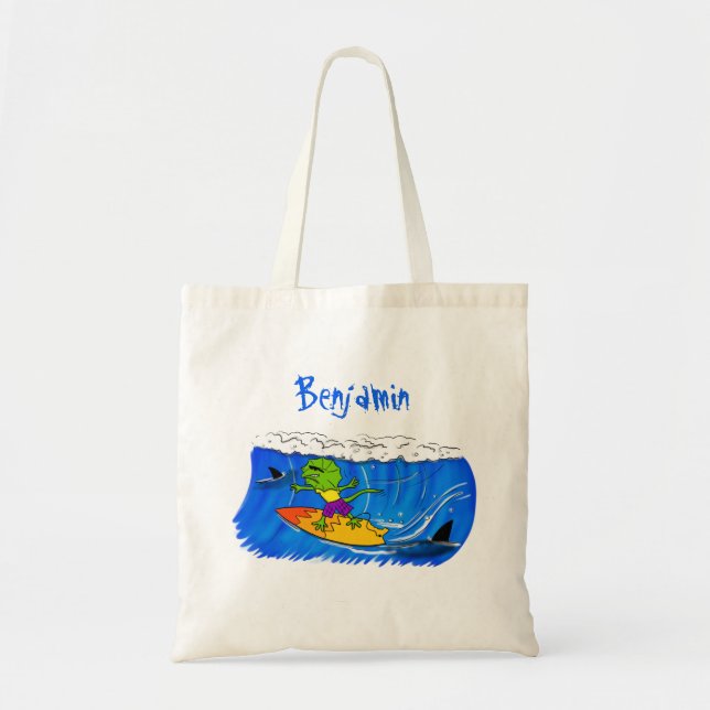 Tote Bag Drôle caricature de surf de lézard au cou (Devant)