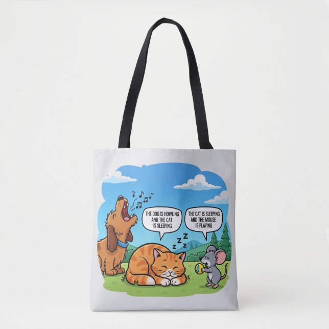 Tote Bag Drôle Cartoon Chien, Chat et souris (Devant)