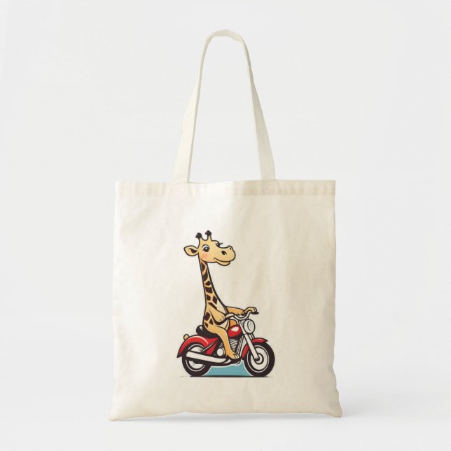 Tote Bag Drôle Cartoon Giraffe À Moto, (Devant)