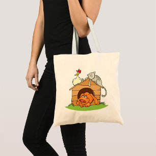 Tote Bag Drôle chat de chien caricaturé et poulet sur la ni