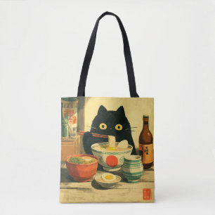 Tote Bag Drôle chat noir manger Ramen Vintage japonais