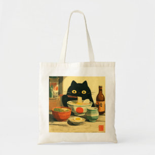 Tote Bag Drôle chat noir manger Ramen Vintage japonais