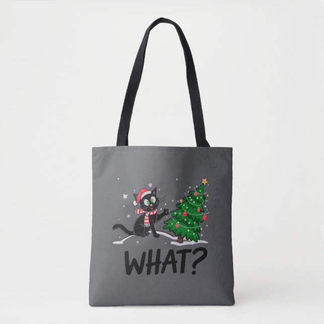 Tote Bag Drôle Chat Noir Poussant Arbre De Noël Chat Quoi ? (Devant)