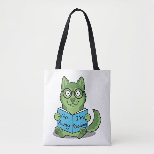 Tote Bag Drôle Chien Vert Mignon Va-t'en Je Lis (Devant)