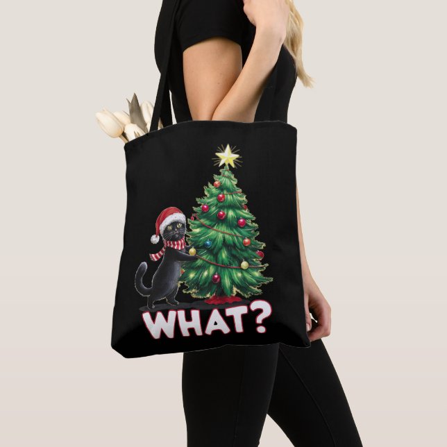 Tote Bag Drôle de chat noir à Noël arbre de Noël (De près)