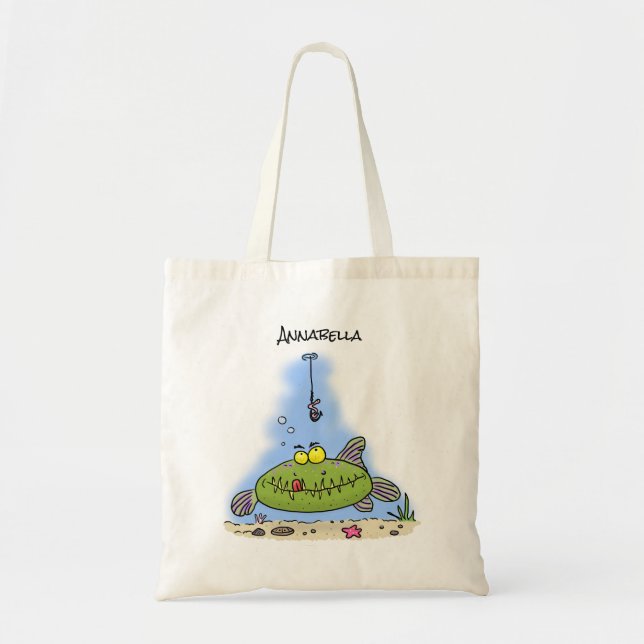 Tote Bag Drôle gras faim poisson vert dessin de pêche Drôle (Devant)