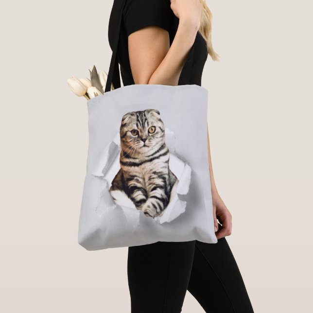 Tote Bag Drôle Gray Cat Popping à travers l'illusion du pap (De près)