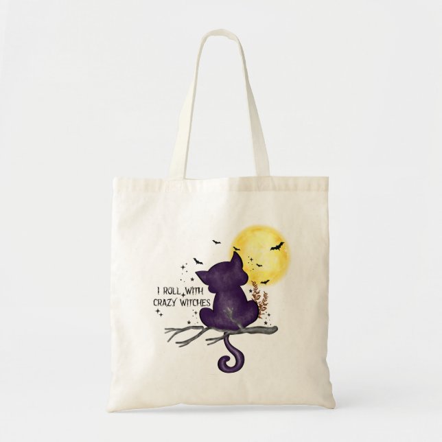 Tote Bag Drôle Halloween Chat noir et Lune magique (Devant)