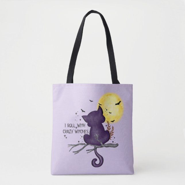 Tote Bag Drôle Halloween Chat noir et Lune magique (Devant)
