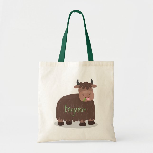 Tote Bag Drôle joyeux yak mangeant de l'herbe dessin d'illu (Devant)