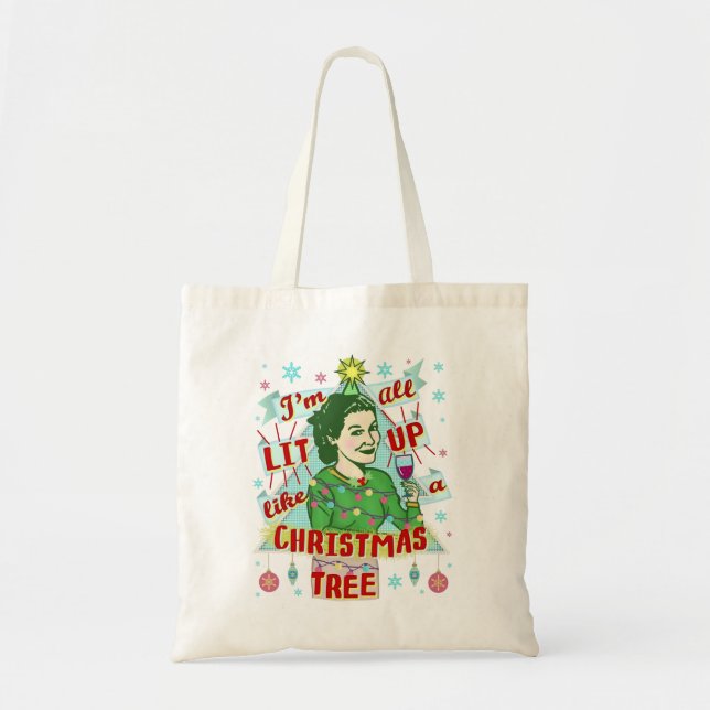 Tote Bag Drôle Noël Rétro Boire Humour Femme Lit Up (Devant)